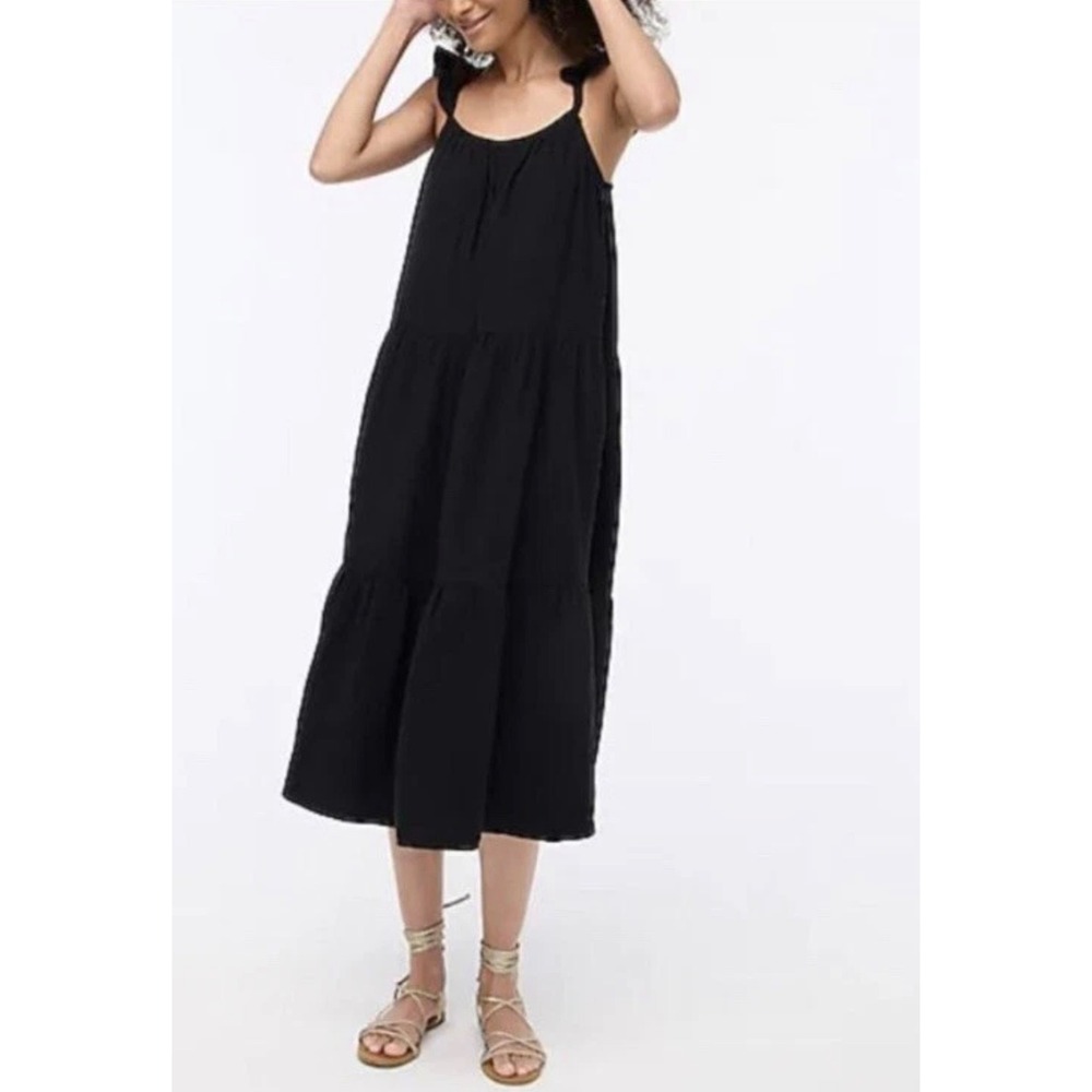J. Crew Factory Ruffle-Strap Tiered Gauze Maxi Dress Black Size M Beach Minimal